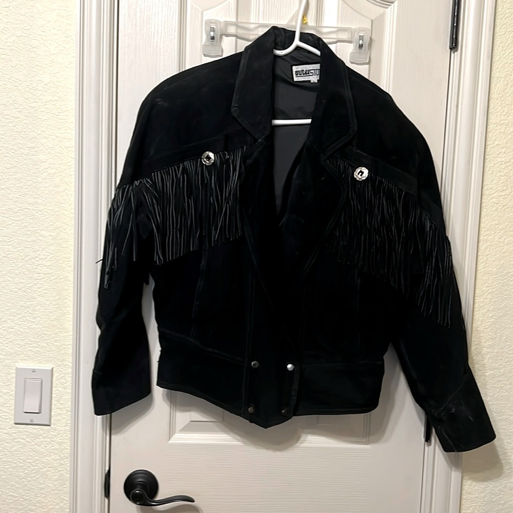 Vintage Western Fringe Black Leather Jacket